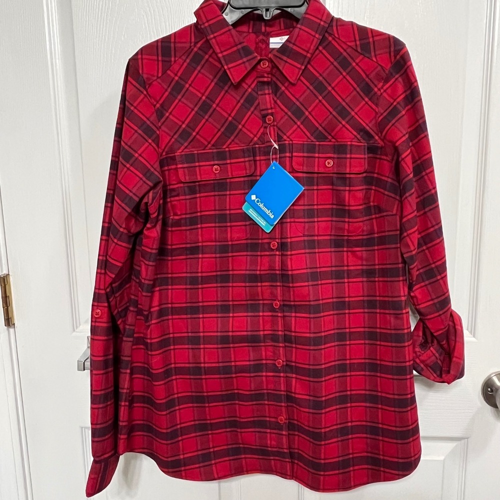 Columbia Saturday Trail II Flannel Shirt Red Black Plaid Omni-Wick Woman Large